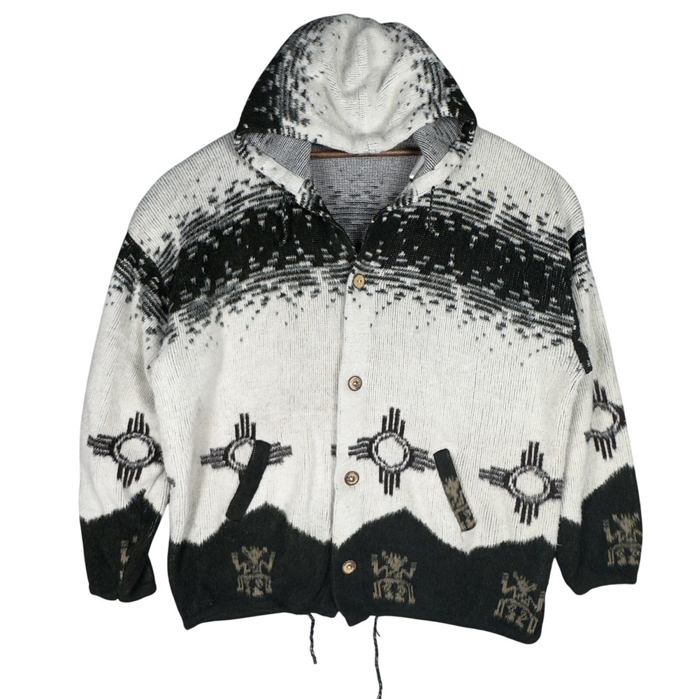 Tejidos Atahualpa Jacket Cardigan Size XL White Black 100%Wool Aztec Zia Sun VTG